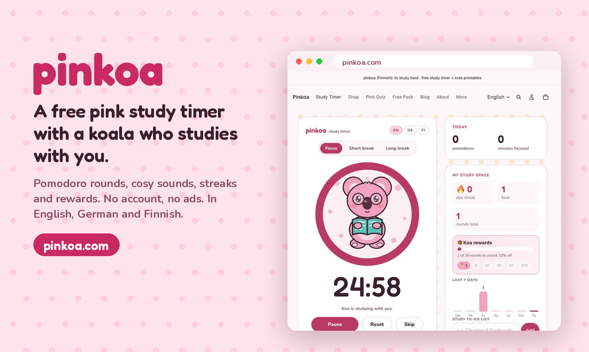 Pinkoa: a free pink study timer with Koa the koala