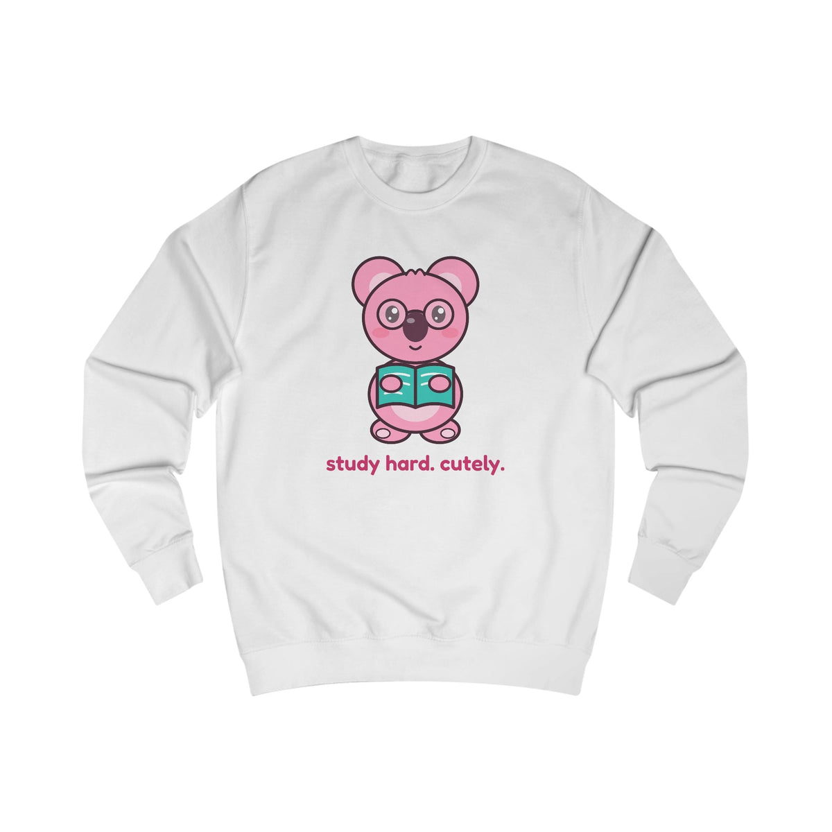 Koa the pink koala reading a book on a cosy study crewneck