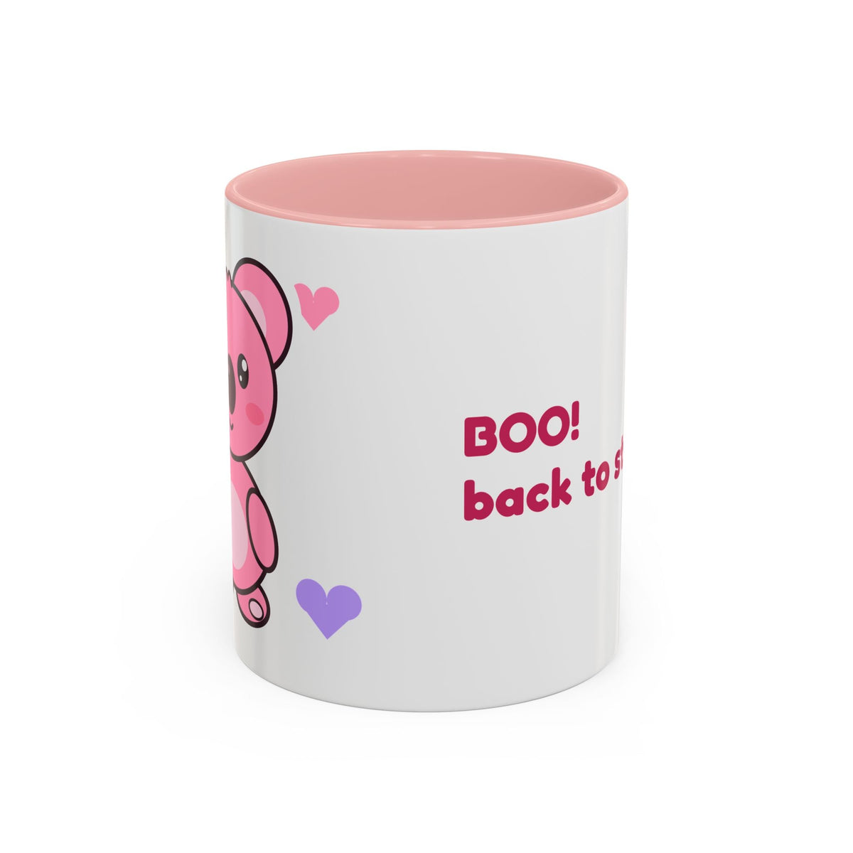 Koa the pink koala with a pink Halloween mug: Boo! Back to studying