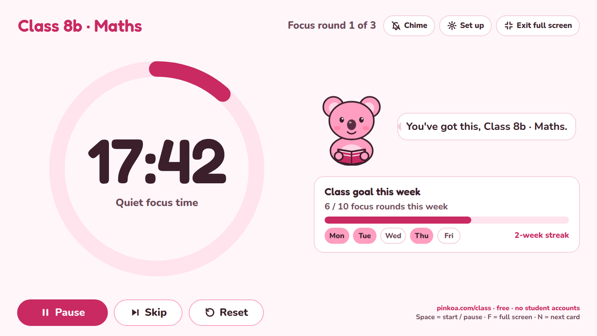 Koa Classroom Mode on the projector: big focus timer, Koa reading and the weekly class goal