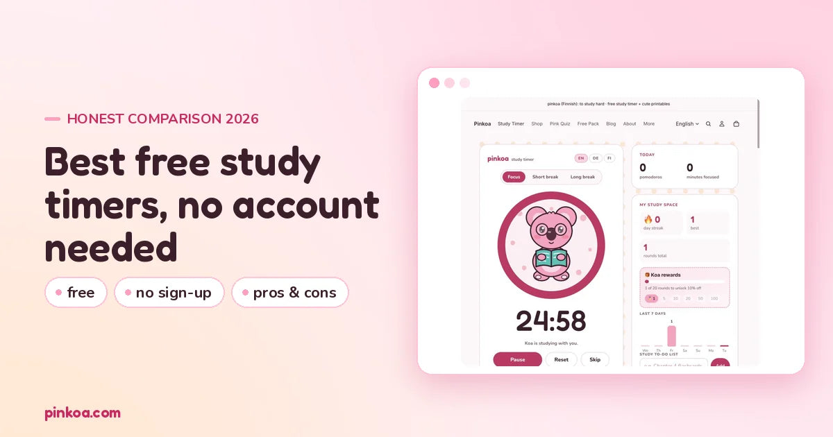 The Pinkoa study timer running in a browser window, next to the title: Best free study timers, no account needed