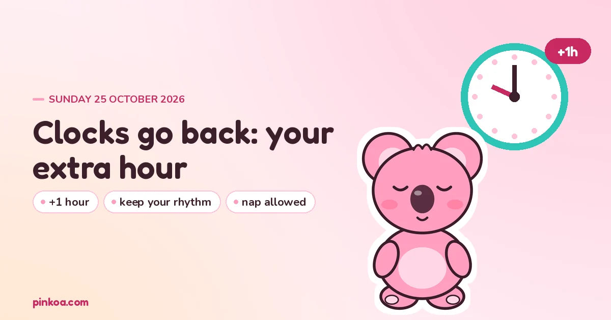 Sleepy Koa under a mint clock marked +1h: clocks go back, your extra hour