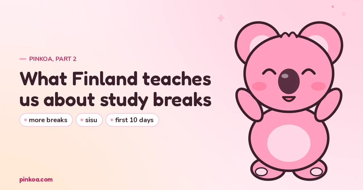 Koa the pink koala cheering with both arms up next to the title: What Finland teaches us about study breaks