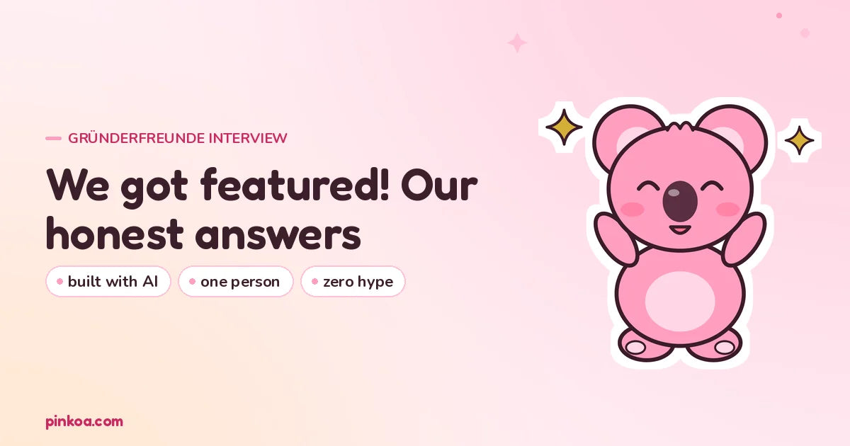 Koa the pink koala cheering between two gold sparkles: We got featured by Gründerfreunde