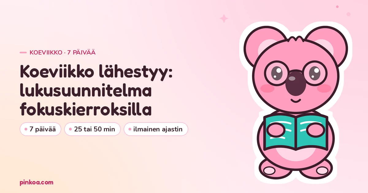Koa the pink koala in glasses reading a book next to the title Koeviikko lähestyy: lukusuunnitelma fokuskierroksilla