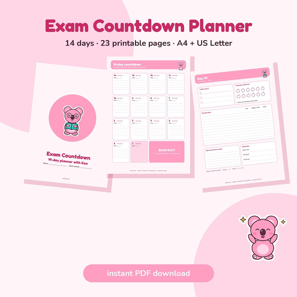 Koa the pink koala's 14-day exam countdown planner pages