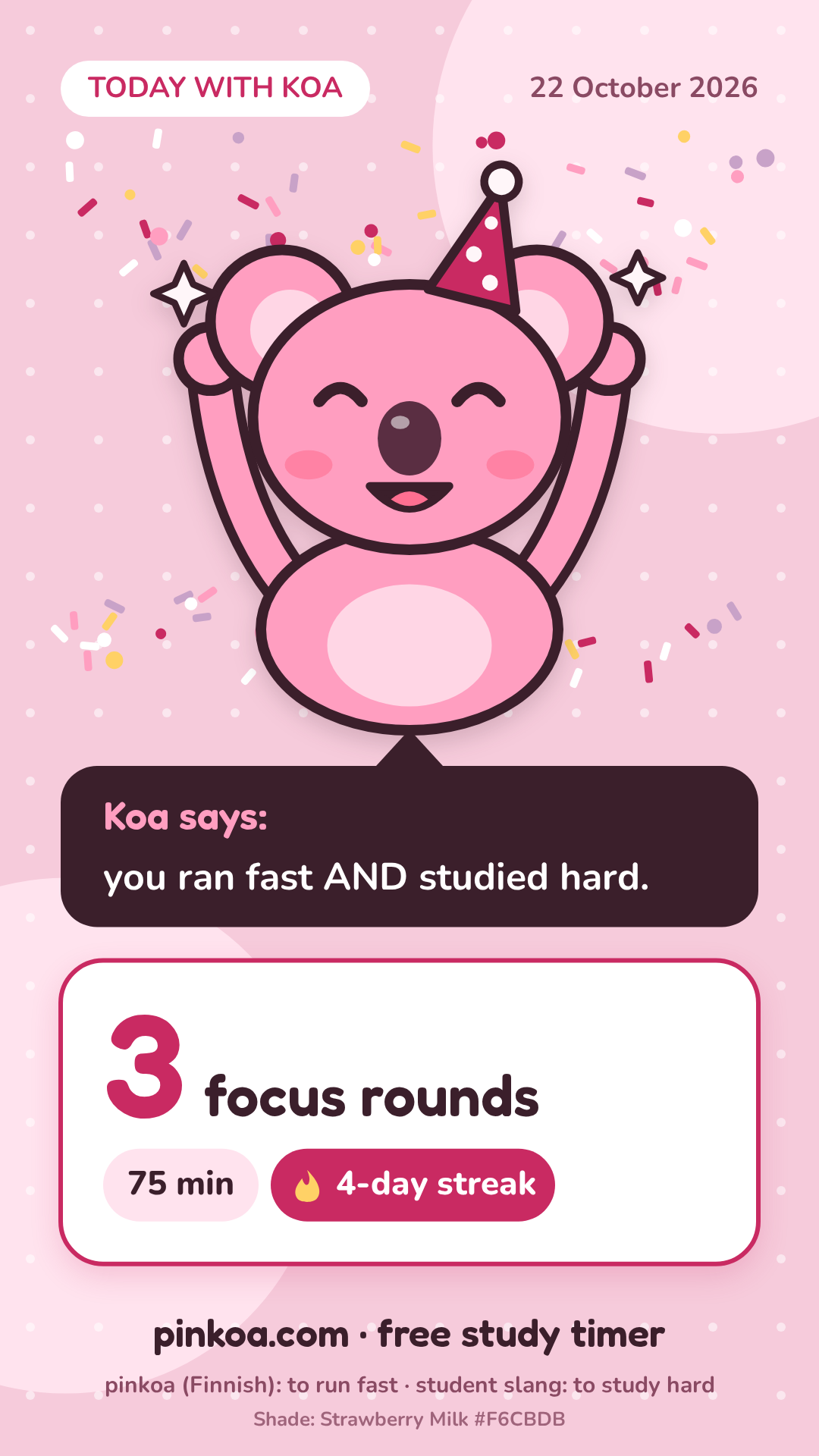 Koa Focus Card: Koa in a party hat cheering, 3 focus rounds, 75 min, 4-day streak