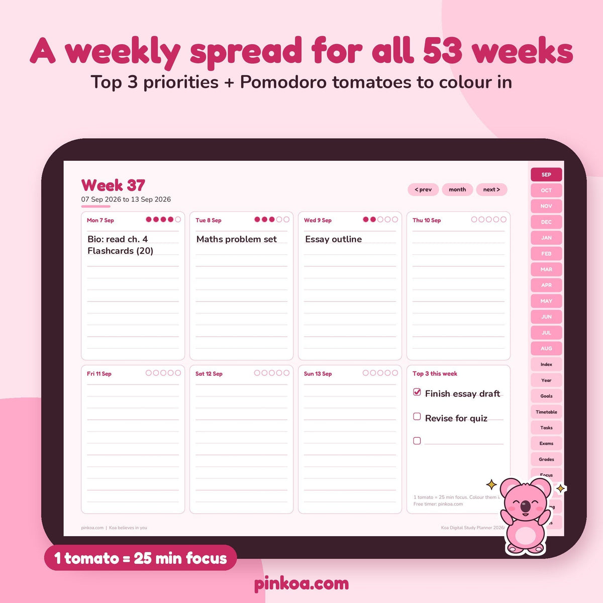 Pink weekly planner spread with Koa the pink koala, ready for a Sunday study-week reset