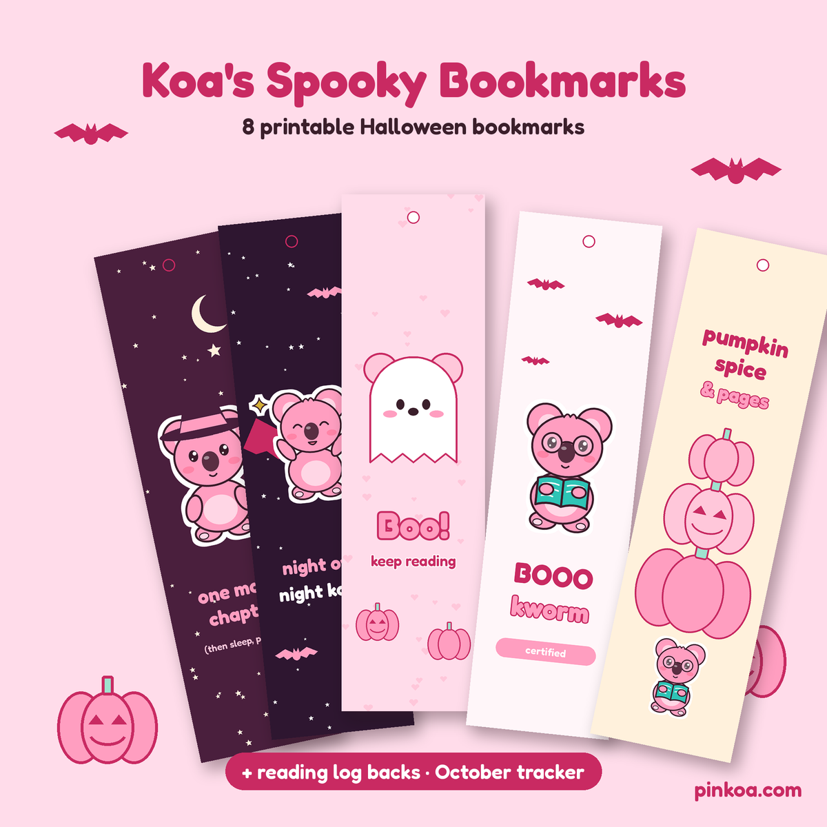 Koa spooky reading bookmarks fanned out on pink