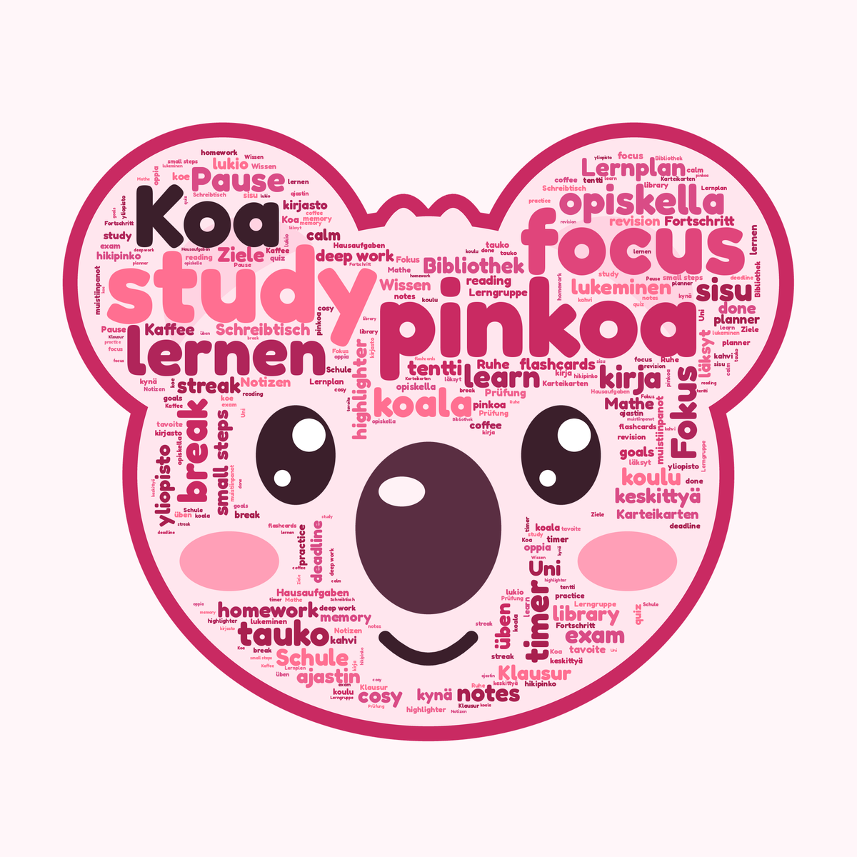 Koa the pink koala head made from study words