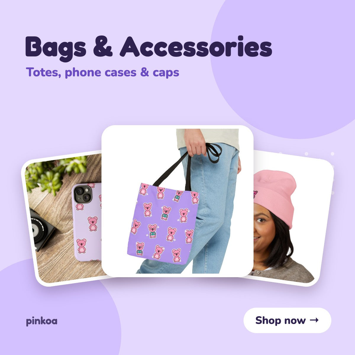 Koa totes, phone cases and caps