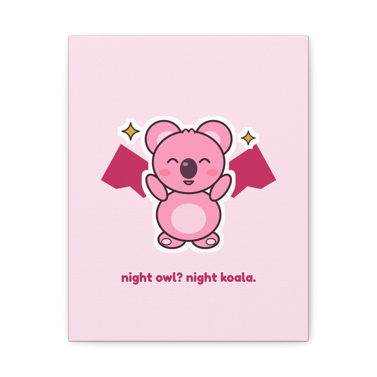 Night Owl? Night Koala. bat Koa canvas, pink koala wall art – front view (11×14 in)