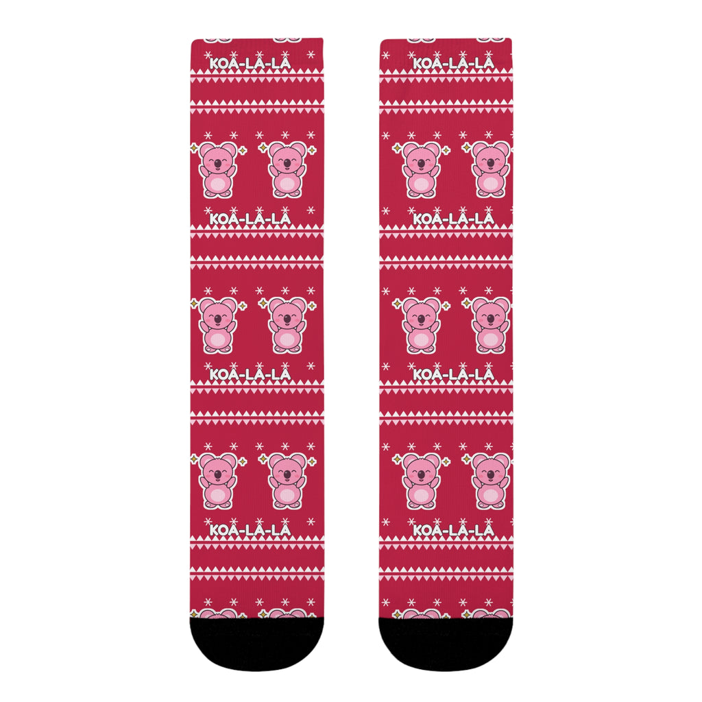 Koa-la-la Christmas socks: red ugly-sweater print with pink koalas and snowflakes, view 11
