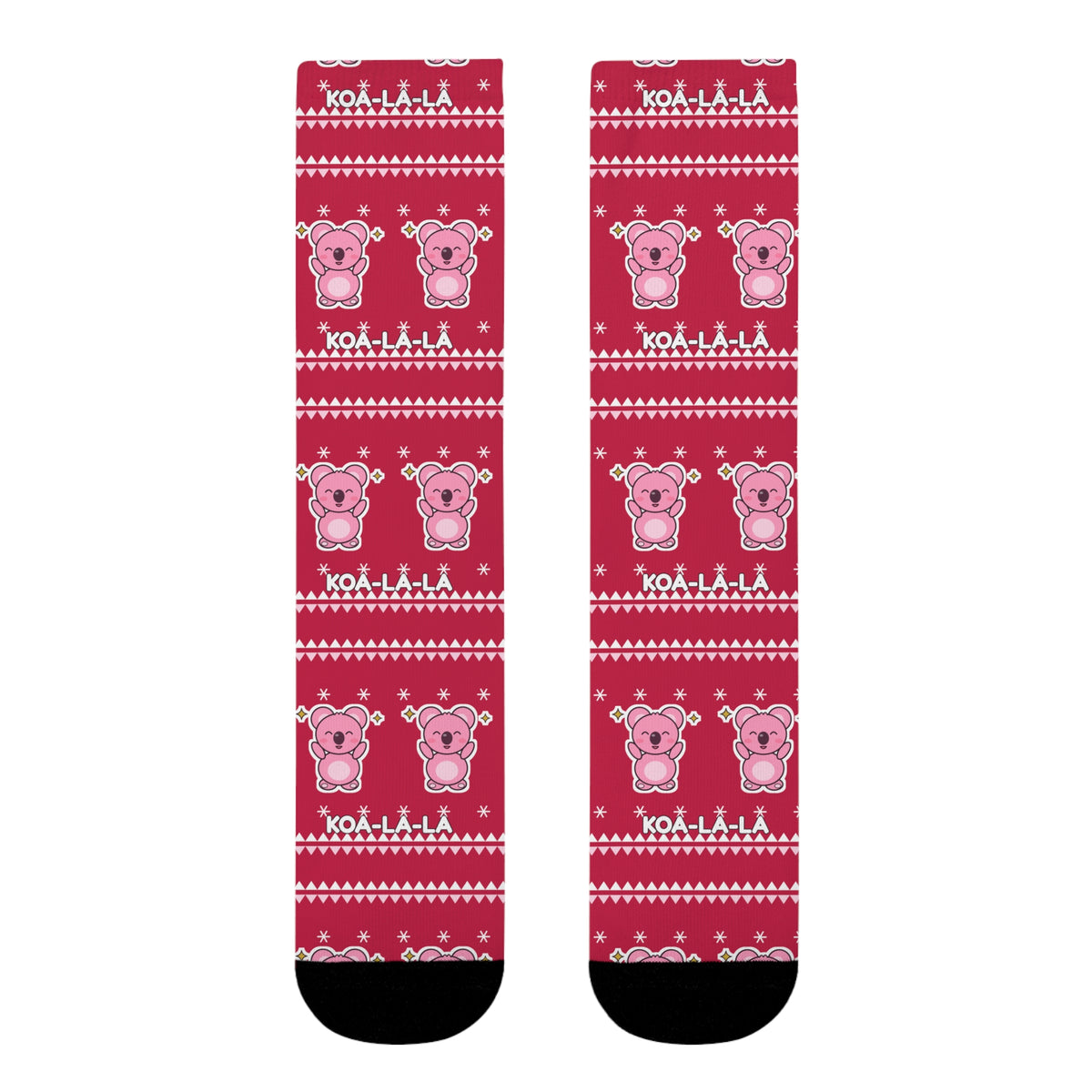 Koa-la-la Christmas socks: red ugly-sweater print with pink koalas and snowflakes, view 11
