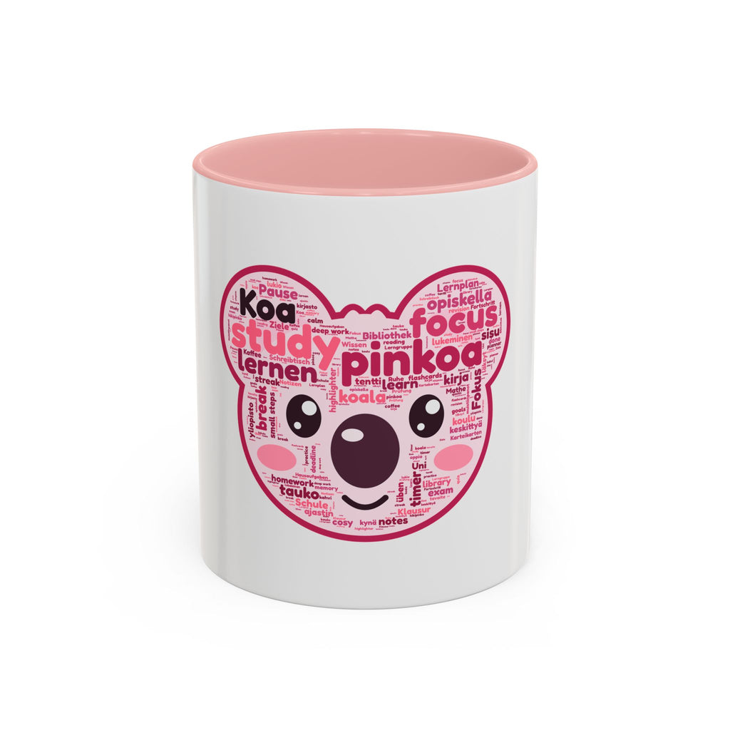 Pink accent mug with Koa the koala made of study words