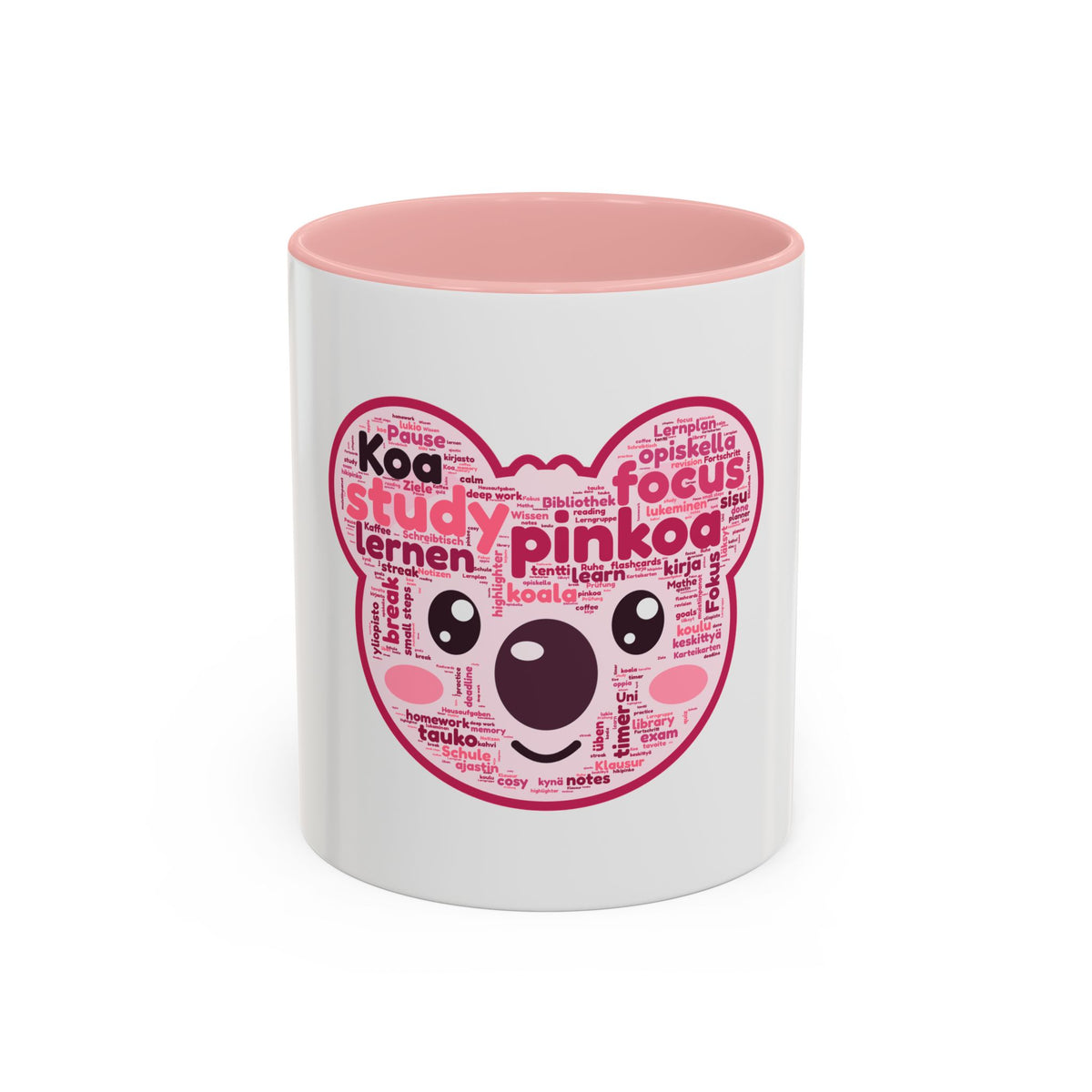 Pink accent mug with Koa the koala made of study words