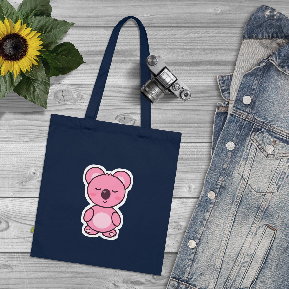 Sleepy Koa organic cotton tote bag in black, pink koala print