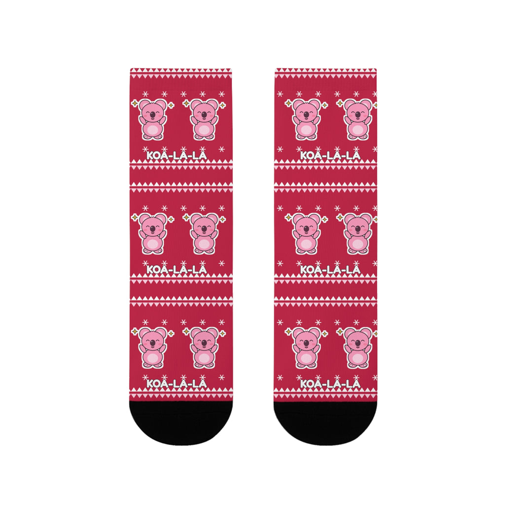 Koa-la-la Christmas socks: red ugly-sweater print with pink koalas and snowflakes, view 5