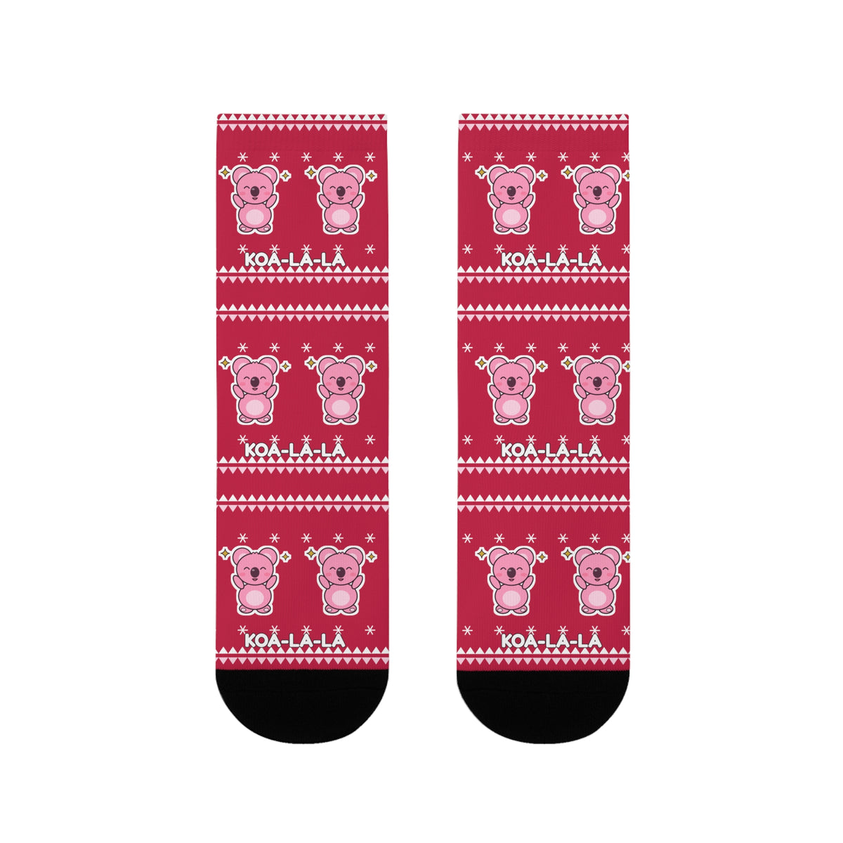 Koa-la-la Christmas socks: red ugly-sweater print with pink koalas and snowflakes, view 5