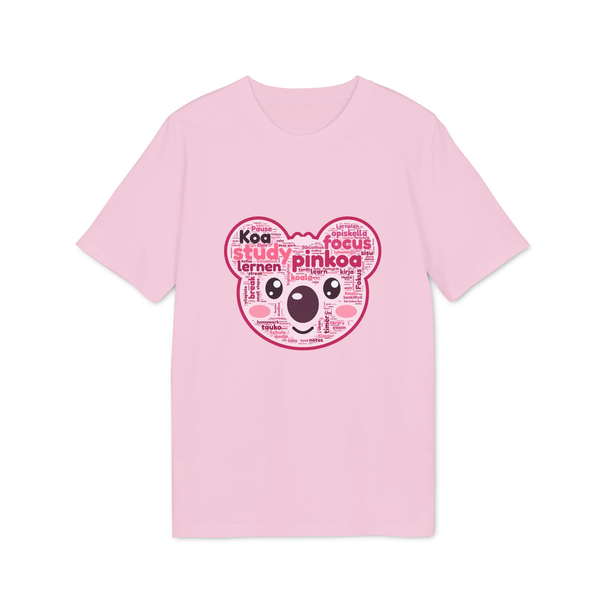 Cotton Pink tee with Koa the koala made of study words