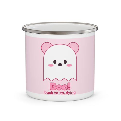 Boo! Ghost Koa Pink Enamel Camping Mug: front
