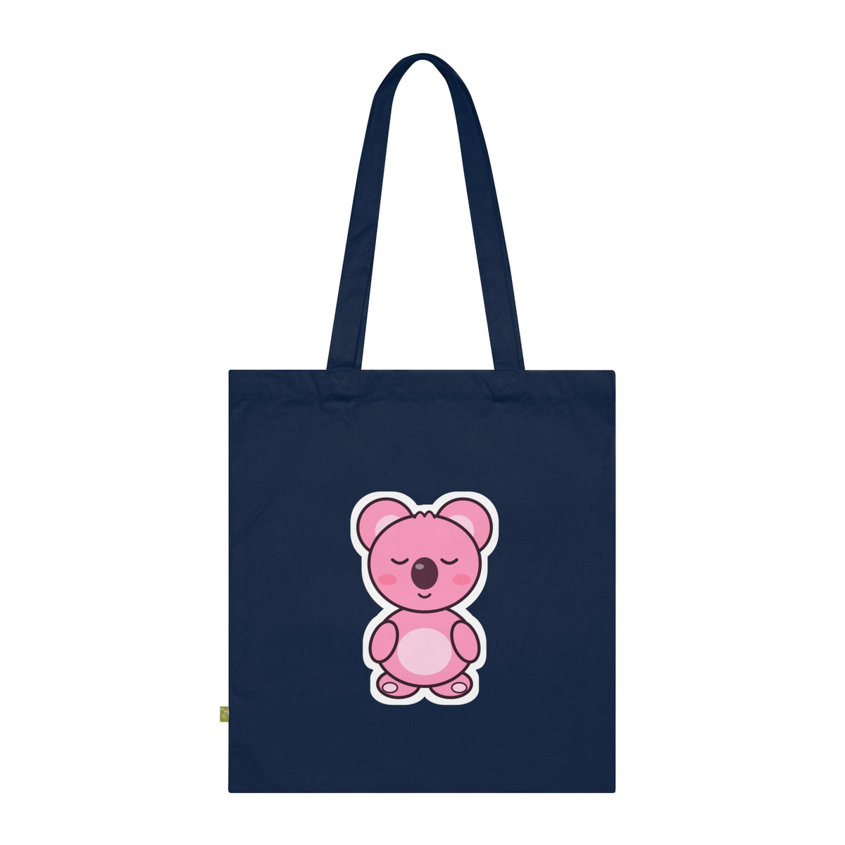 Sleepy Koa organic cotton tote bag in French Navy, pink sleeping koala print