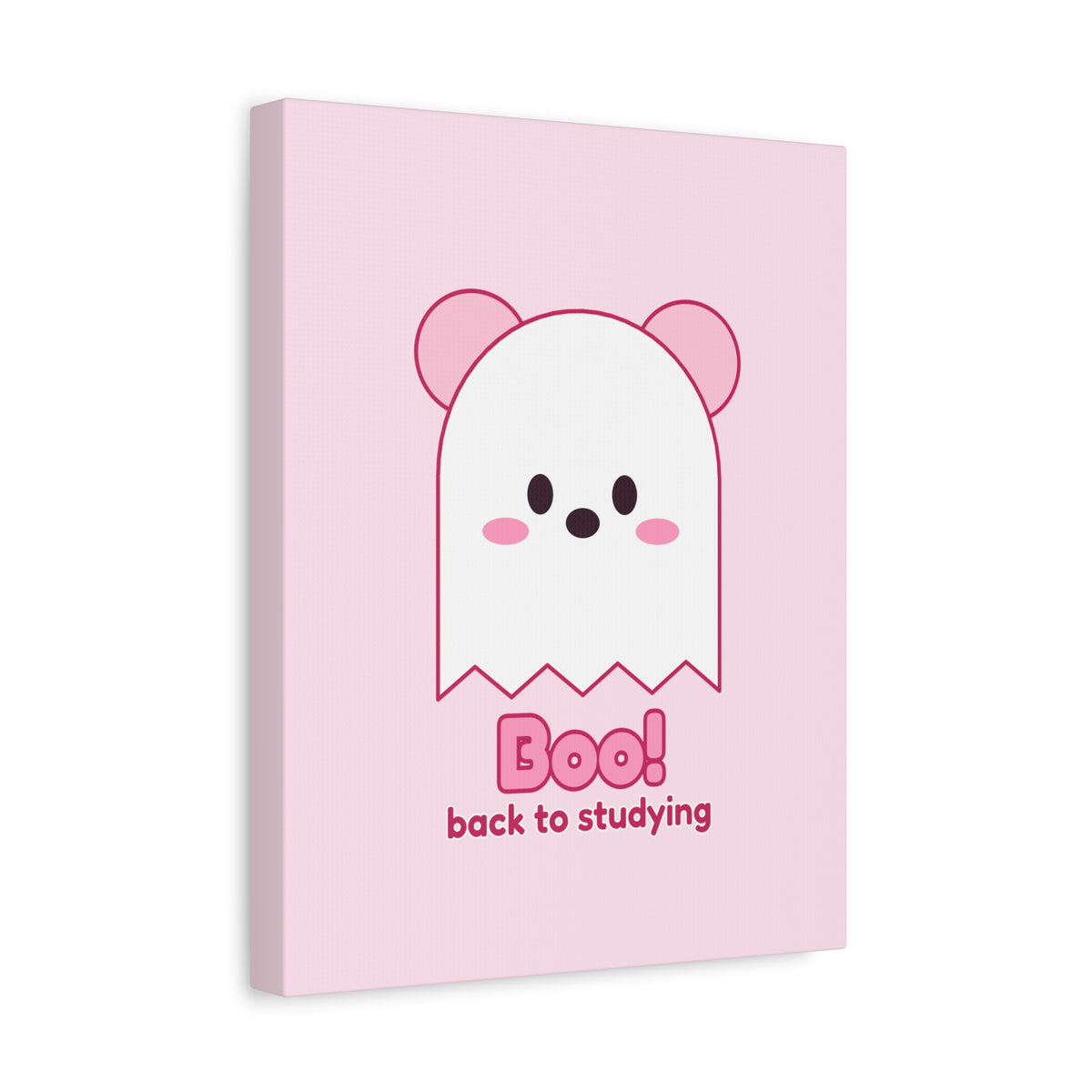 Boo! Ghost Koa Halloween canvas, pink koala ghost wall art – on a desk (11×14 in)
