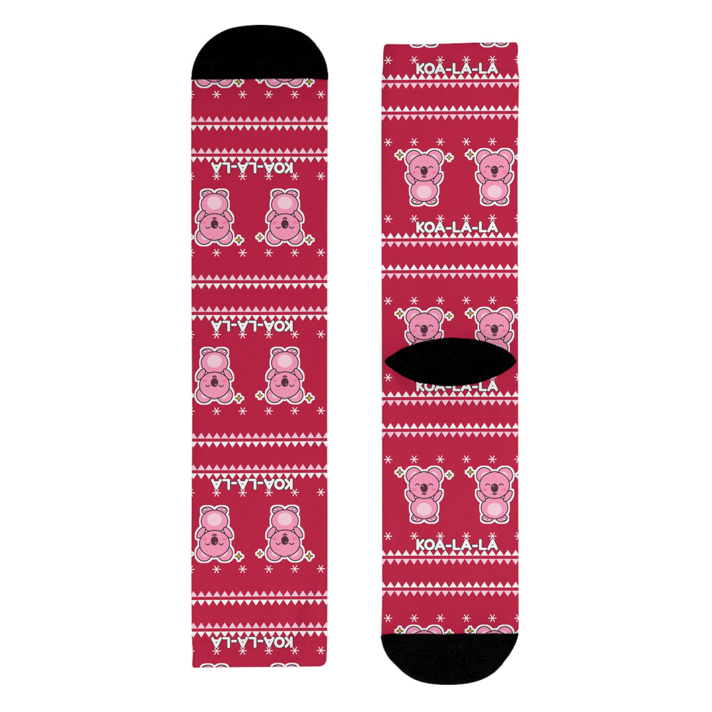 Koa-la-la Christmas socks: red ugly-sweater print with pink koalas and snowflakes, view 10