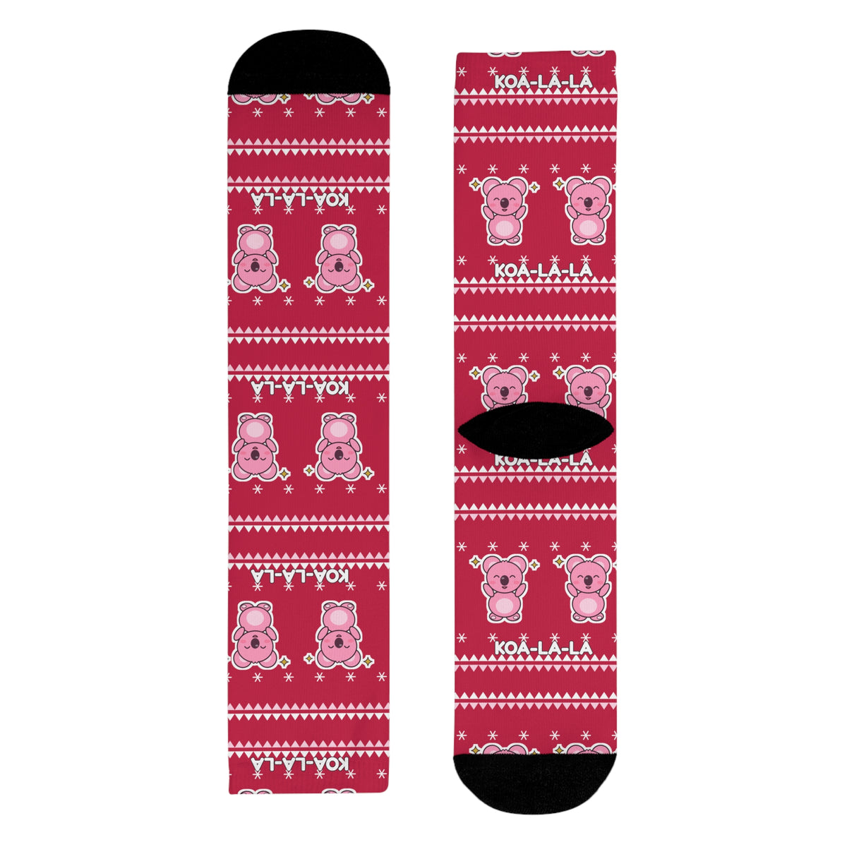Koa-la-la Christmas socks: red ugly-sweater print with pink koalas and snowflakes, view 10