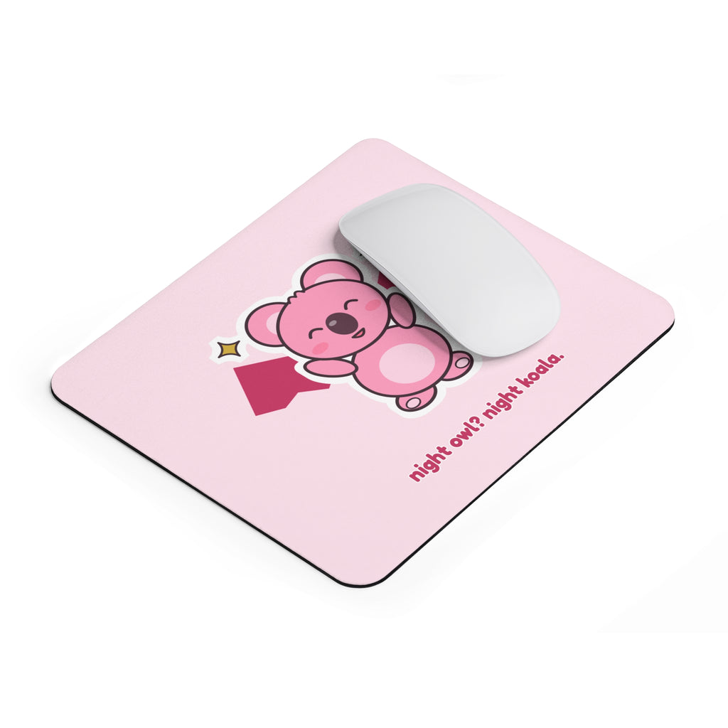 Bat Koa pink mouse pad angled on a desk