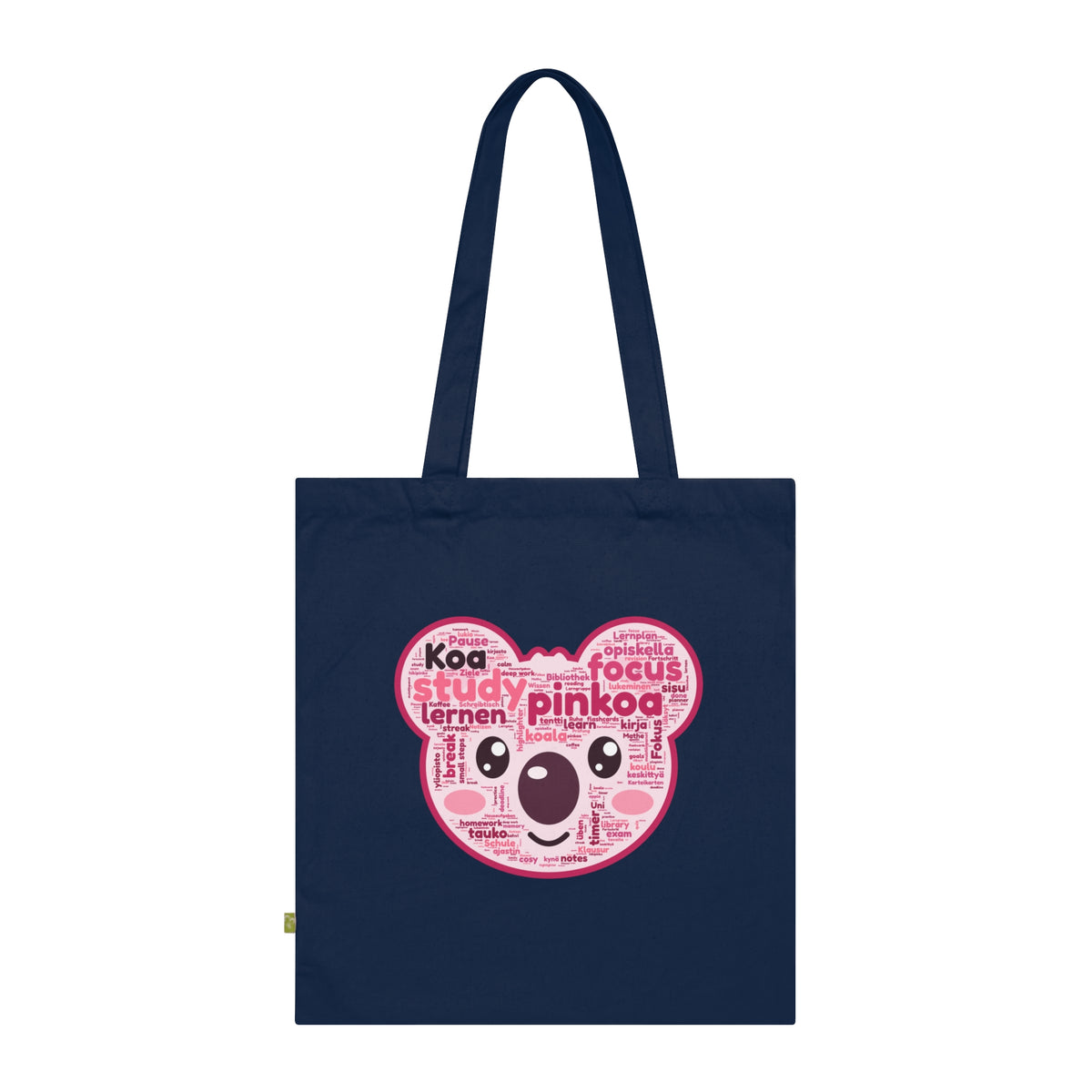 Koa made of study words organic tote bag in French Navy, front