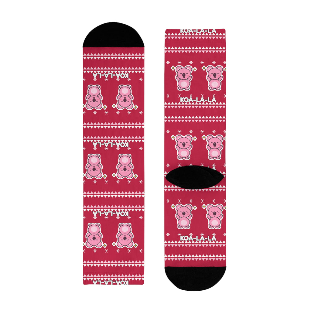 Koa-la-la Christmas socks: red ugly-sweater print with pink koalas and snowflakes, view 7