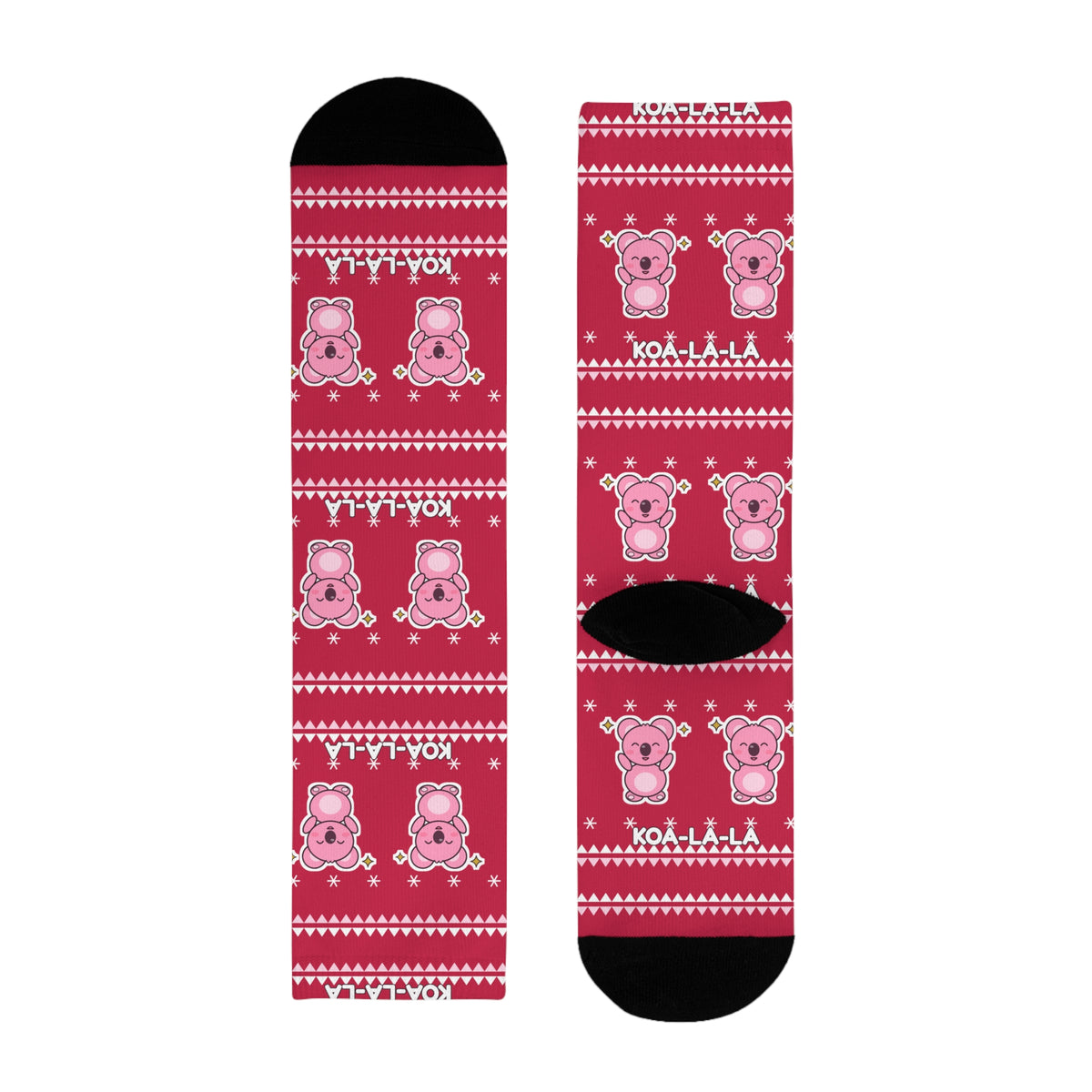Koa-la-la Christmas socks: red ugly-sweater print with pink koalas and snowflakes, view 7
