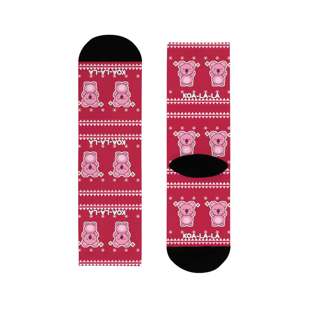 Koa-la-la Christmas socks: red ugly-sweater print with pink koalas and snowflakes, view 4