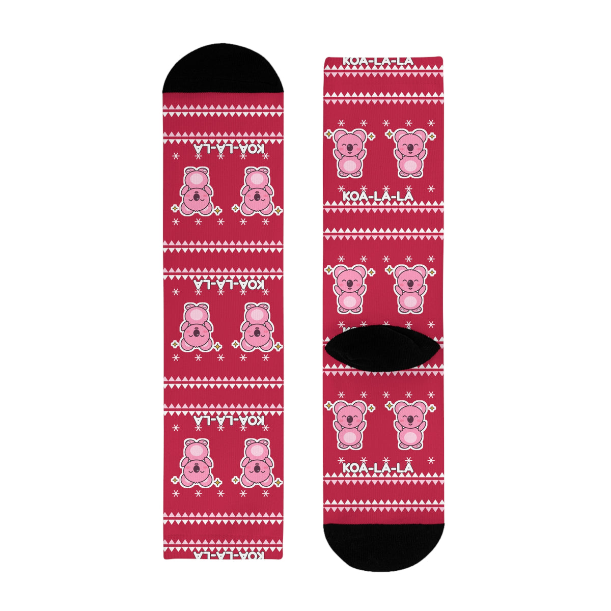 Koa-la-la Christmas socks: red ugly-sweater print with pink koalas and snowflakes, view 2
