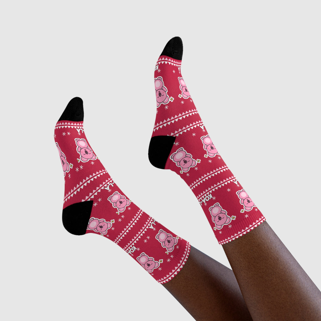 Koa-la-la Christmas socks: red ugly-sweater print with pink koalas and snowflakes, view 6