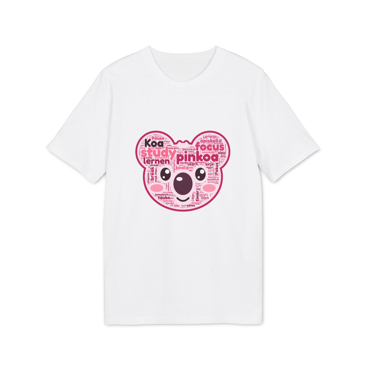 White tee with Koa the koala made of study words