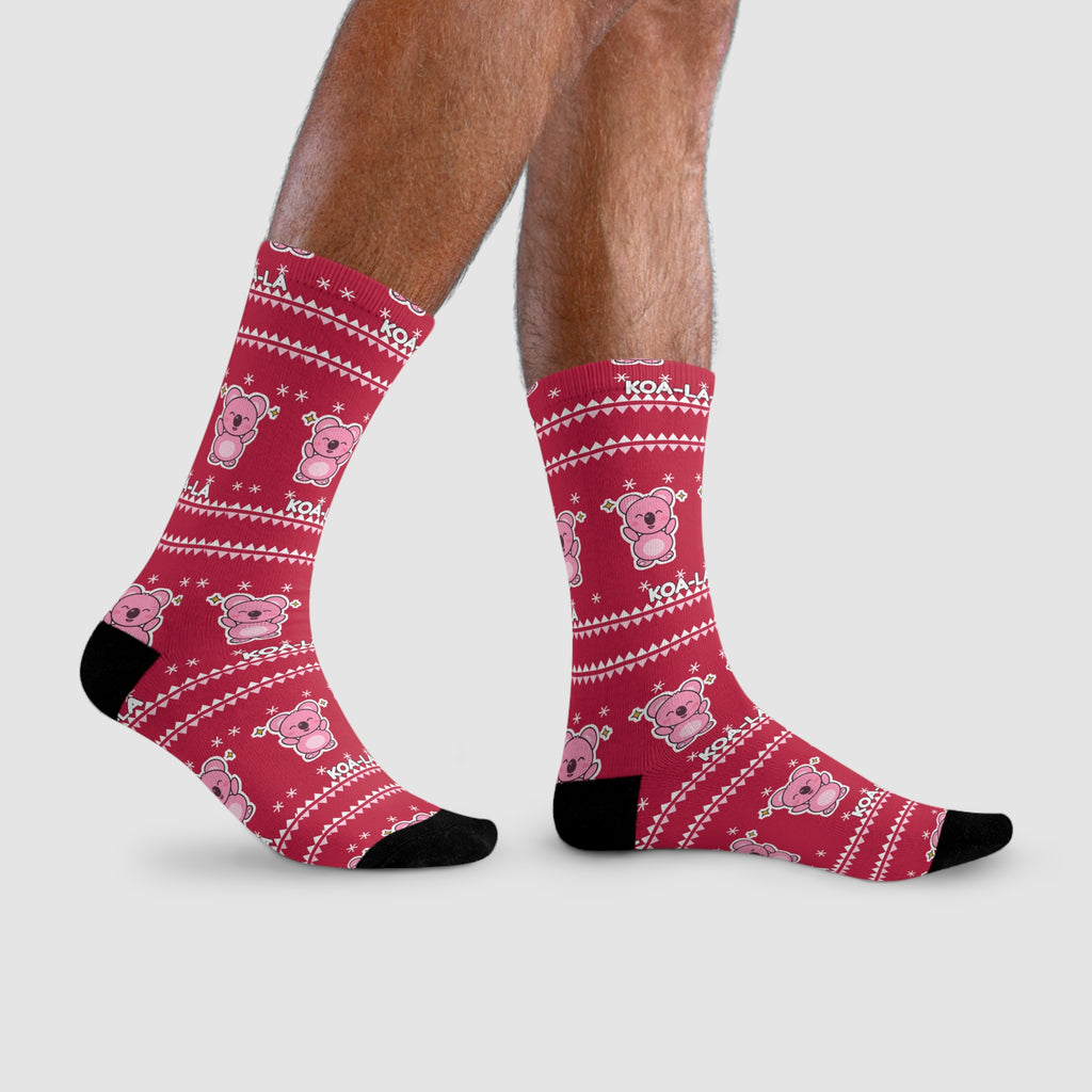 Koa-la-la Christmas socks: red ugly-sweater print with pink koalas and snowflakes, view 12