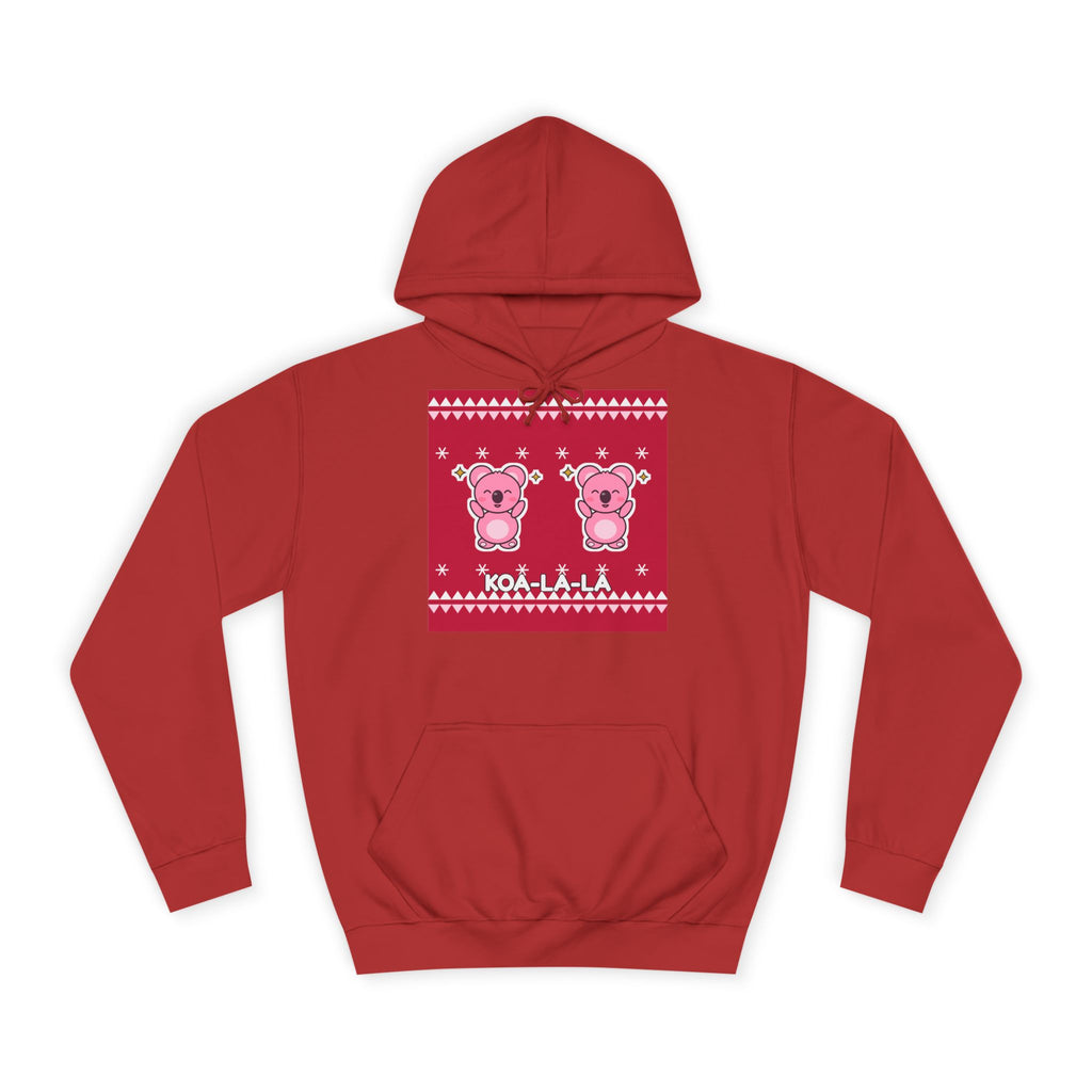 Koa-la-la Christmas Hoodie in Fire Red, front: two pink koalas on a Christmas-sweater print