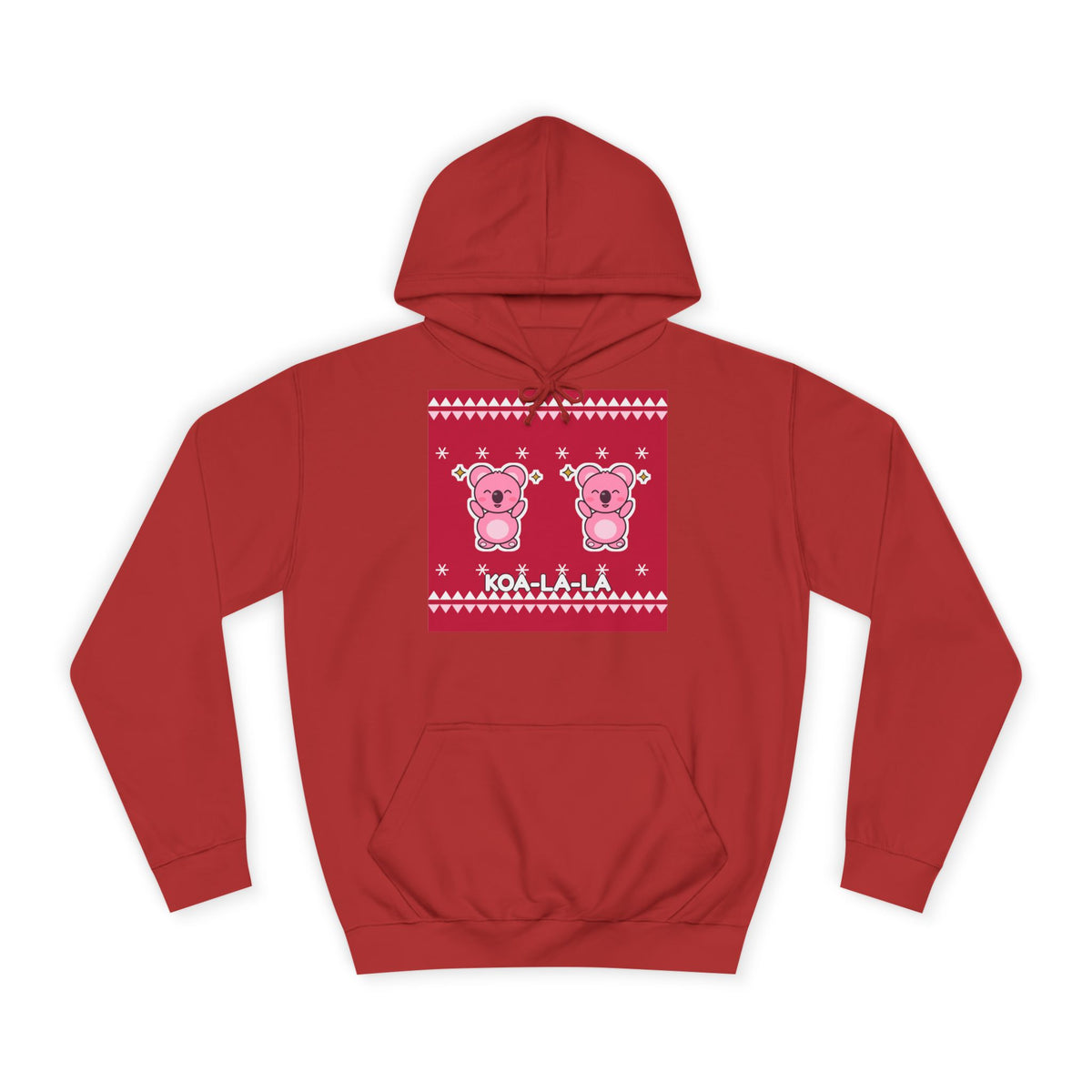 Koa-la-la Christmas Hoodie in Fire Red, front: two pink koalas on a Christmas-sweater print