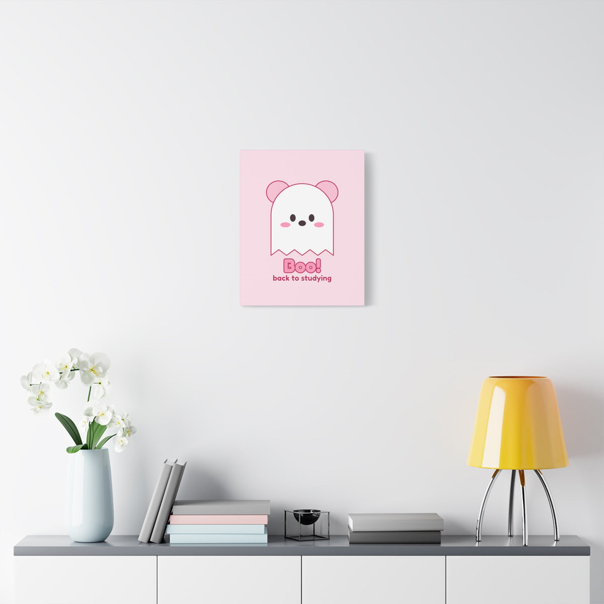 Boo! Ghost Koa Halloween canvas, pink koala ghost wall art – on a desk (16×20 in)