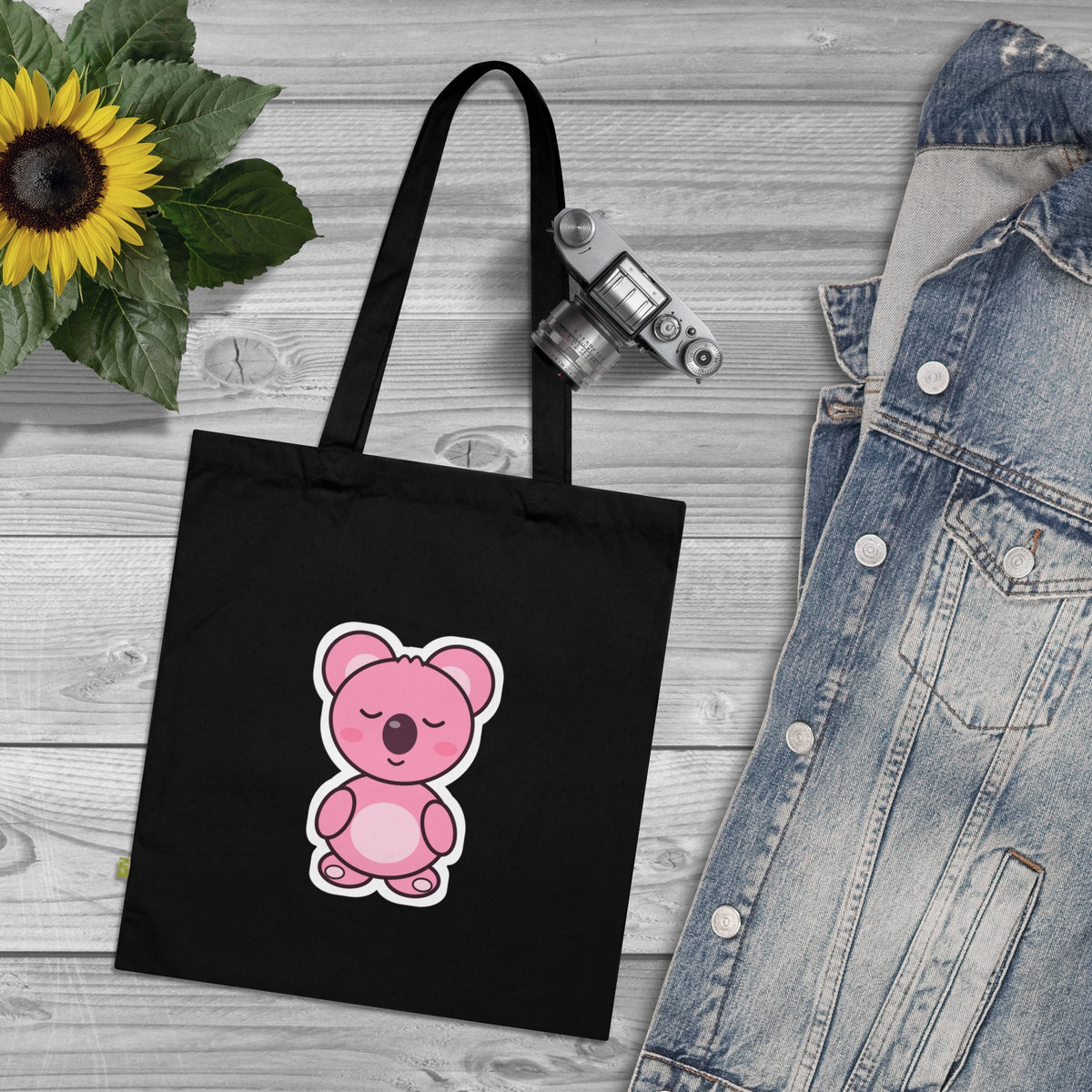 Black Sleepy Koa tote bag lifestyle photo