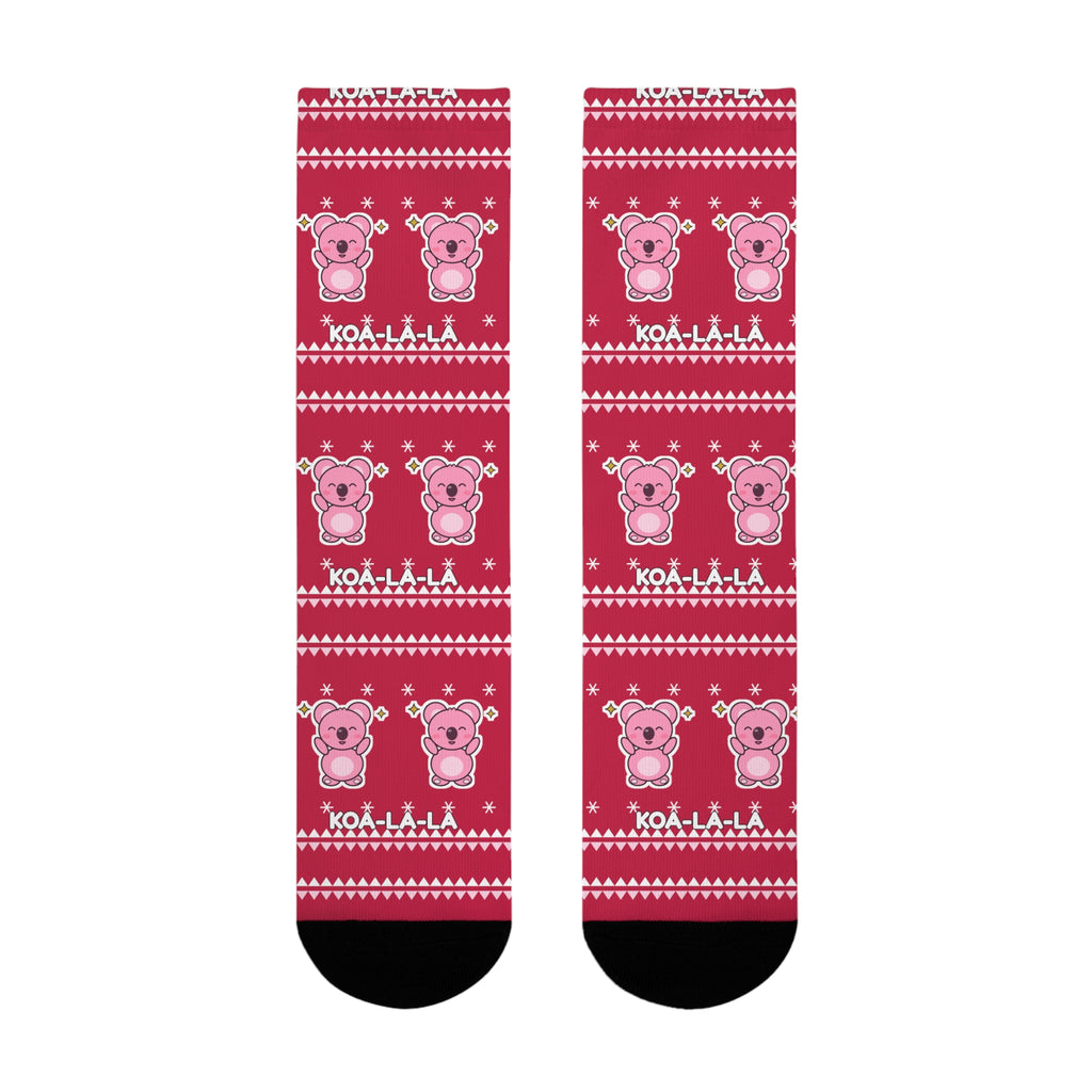 Koa-la-la Christmas socks: red ugly-sweater print with pink koalas and snowflakes, view 8