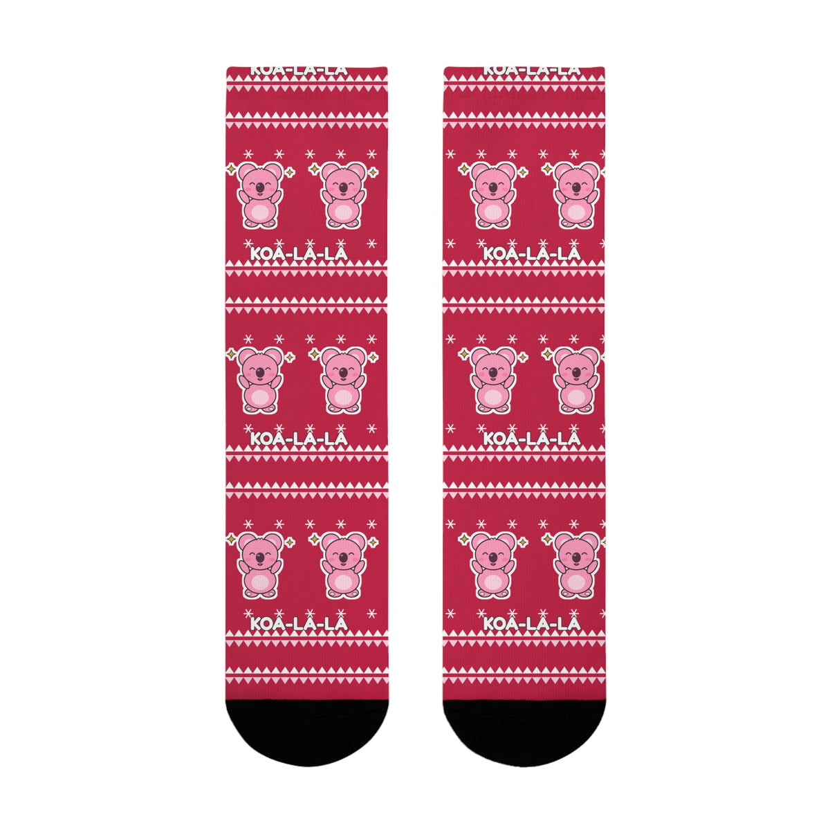 Koa-la-la Christmas socks: red ugly-sweater print with pink koalas and snowflakes, view 8