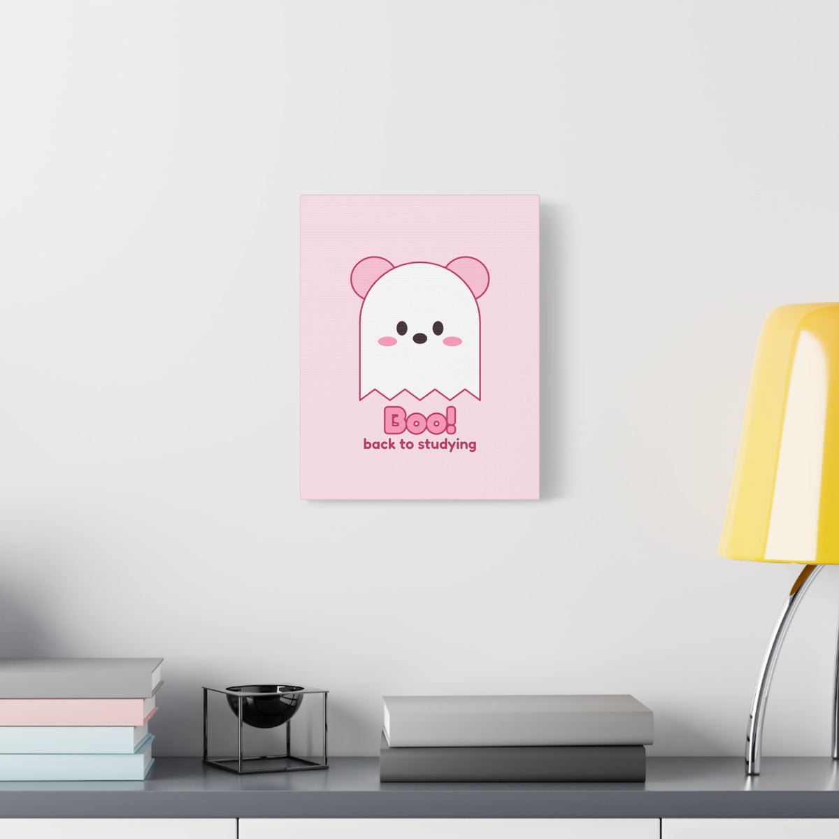 Boo! Ghost Koa Halloween canvas, pink koala ghost wall art – on a dark wall (11×14 in)