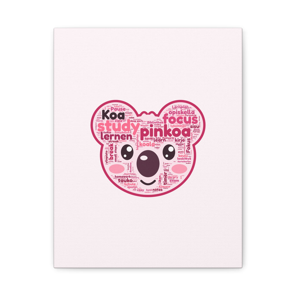 Koa made of study words canvas: pink koala wordcloud on blush pink stretched canvas