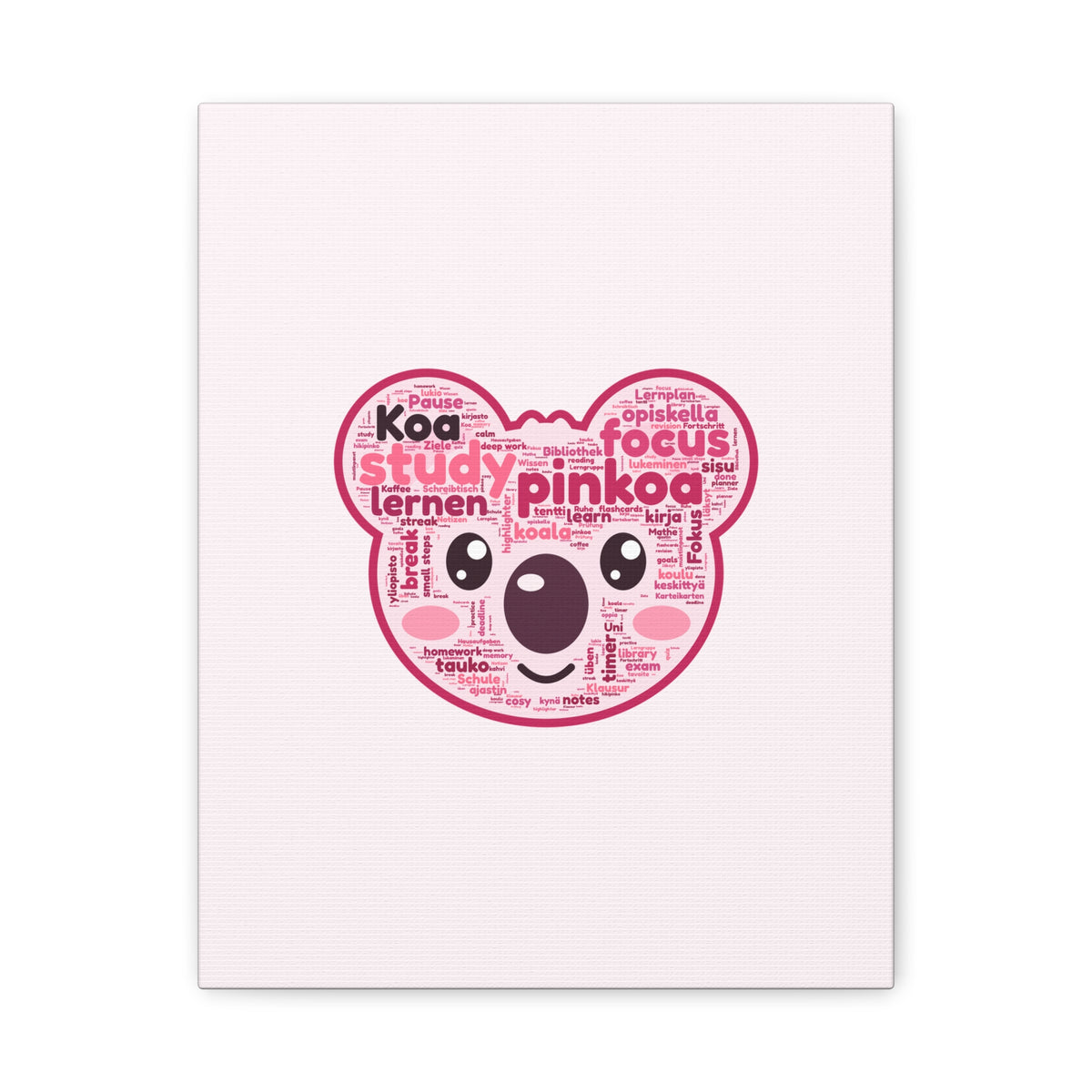 Koa made of study words canvas: pink koala wordcloud on blush pink stretched canvas