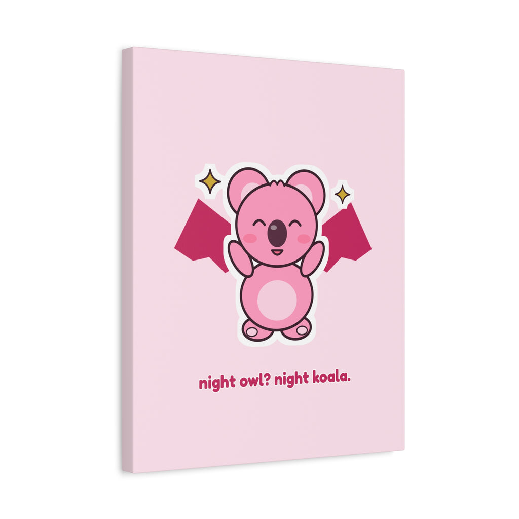 Night Owl? Night Koala. bat Koa canvas, pink koala wall art – side view (16×20 in)