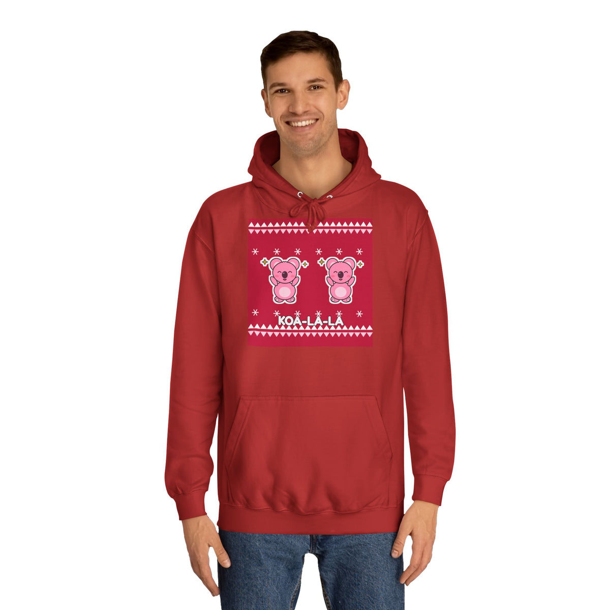Man wearing the red Koa-la-la Christmas Hoodie with two pink koalas