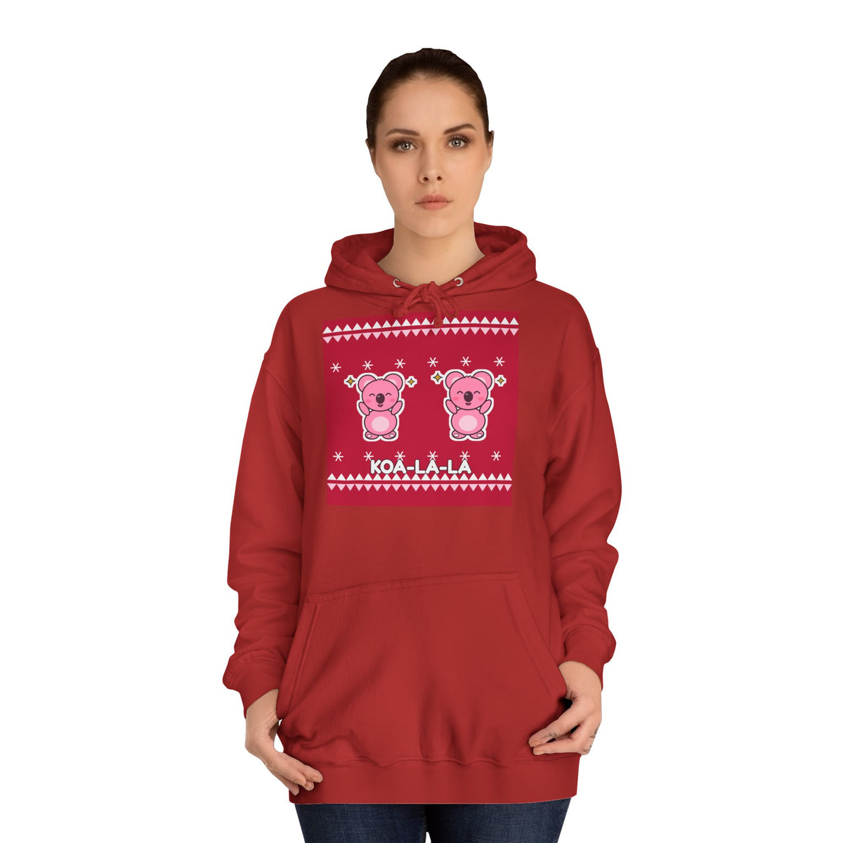 Woman wearing the red Koa-la-la Christmas Hoodie with two pink koalas